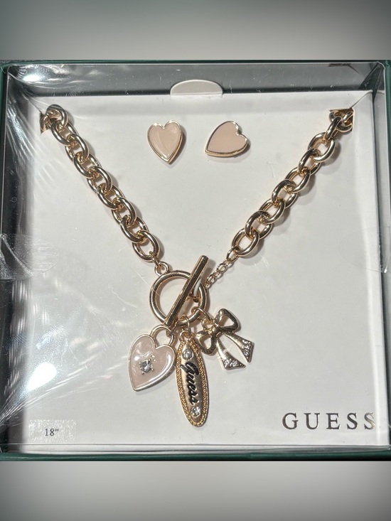 Guess Jewelry - Guess Gold-Tone Necklace with Pink Heart, Bow & Logo Charms